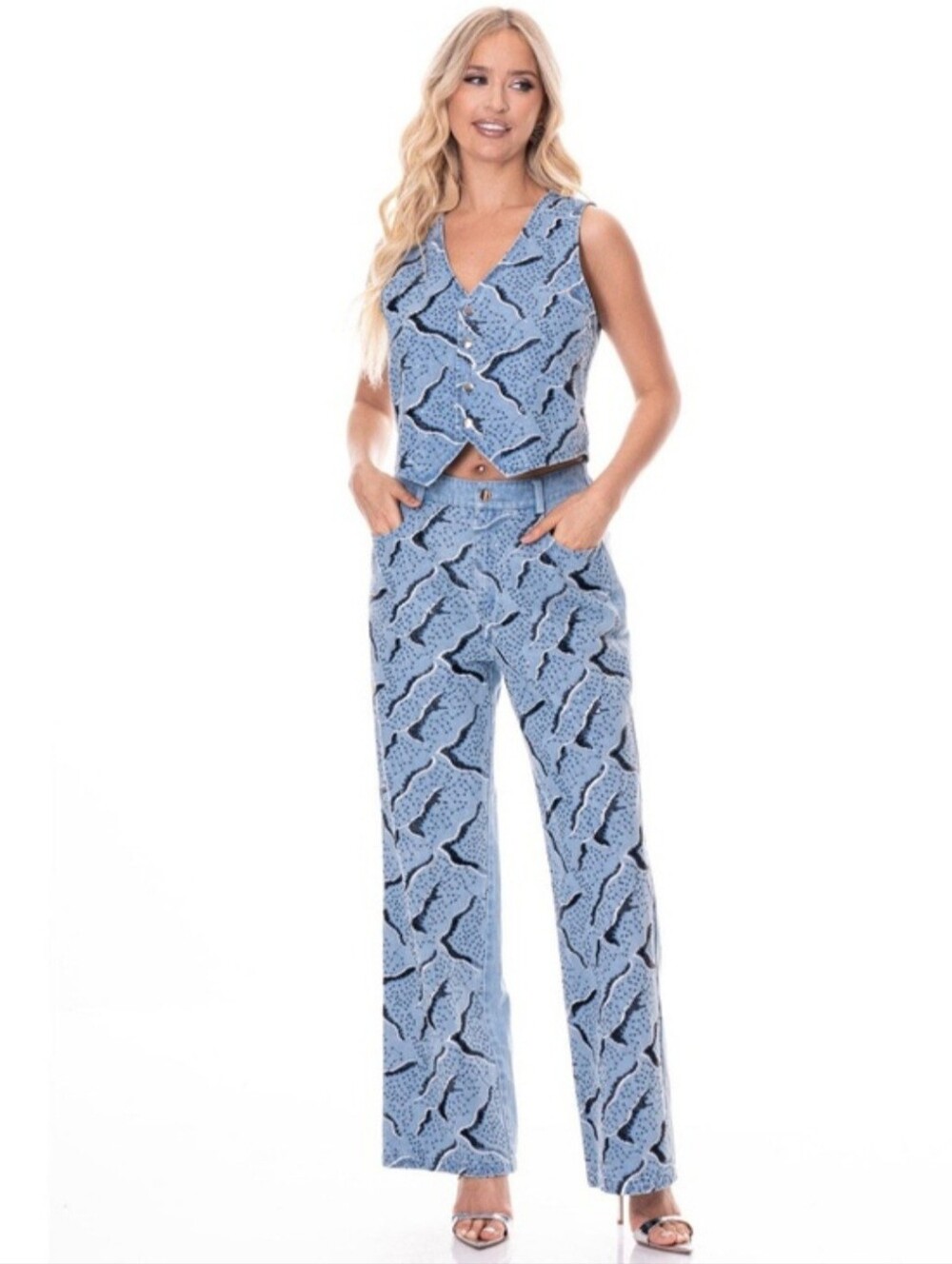 Denim Light Blue Printed Wide-Leg Pants And Vest with Vest-Sparkle Detail-SM
